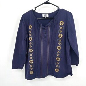 Embroidered Pintuck Sunflower Blouse M Navy Folk Boho Cottagecore Floral Peasant
